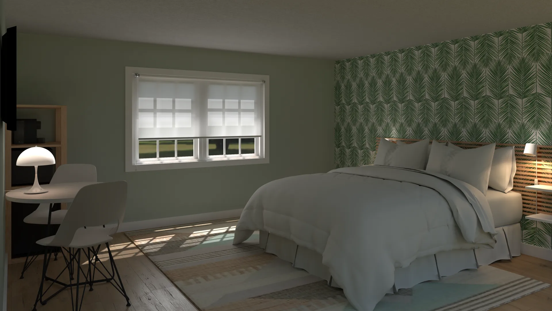 3D rendering of a boutique hotel suite bedroom with luxury furnishings