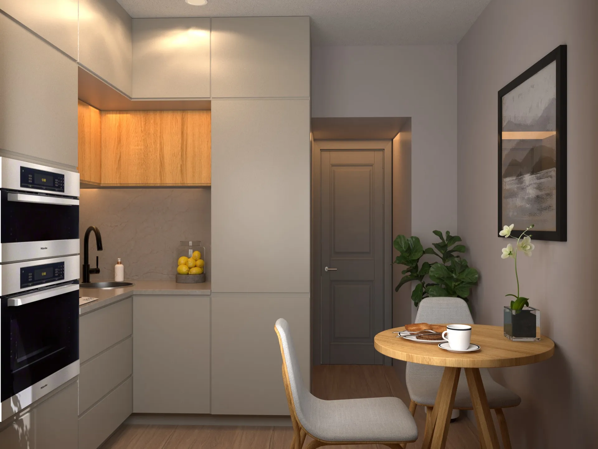 Photorealistic interior visualization of a contemporary kitchen with modern finishes
