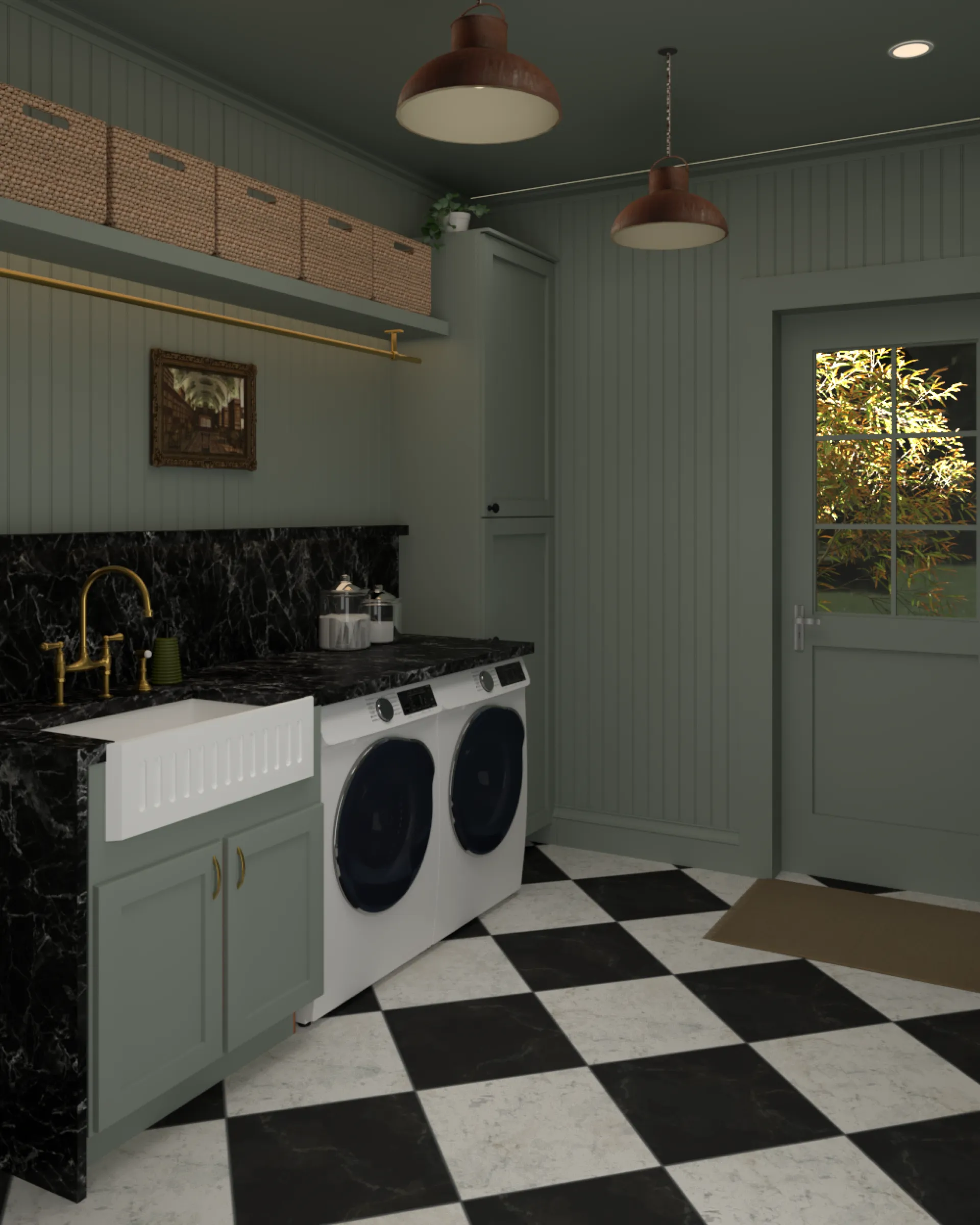3D visualization of a luxury mudroom with custom built-in storage