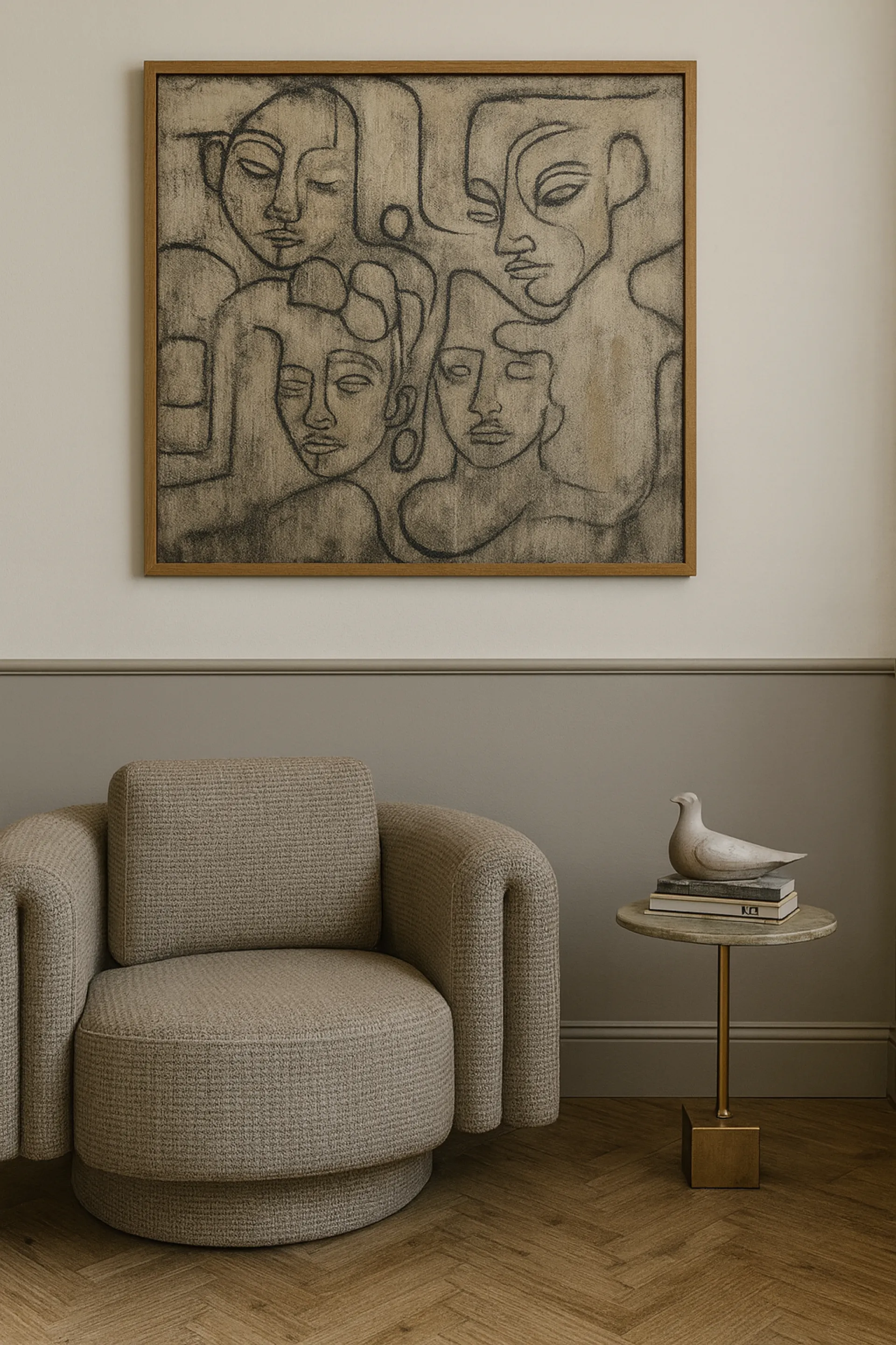 Photorealistic 3D render of an elegant reading nook with framed artwork and accent chair