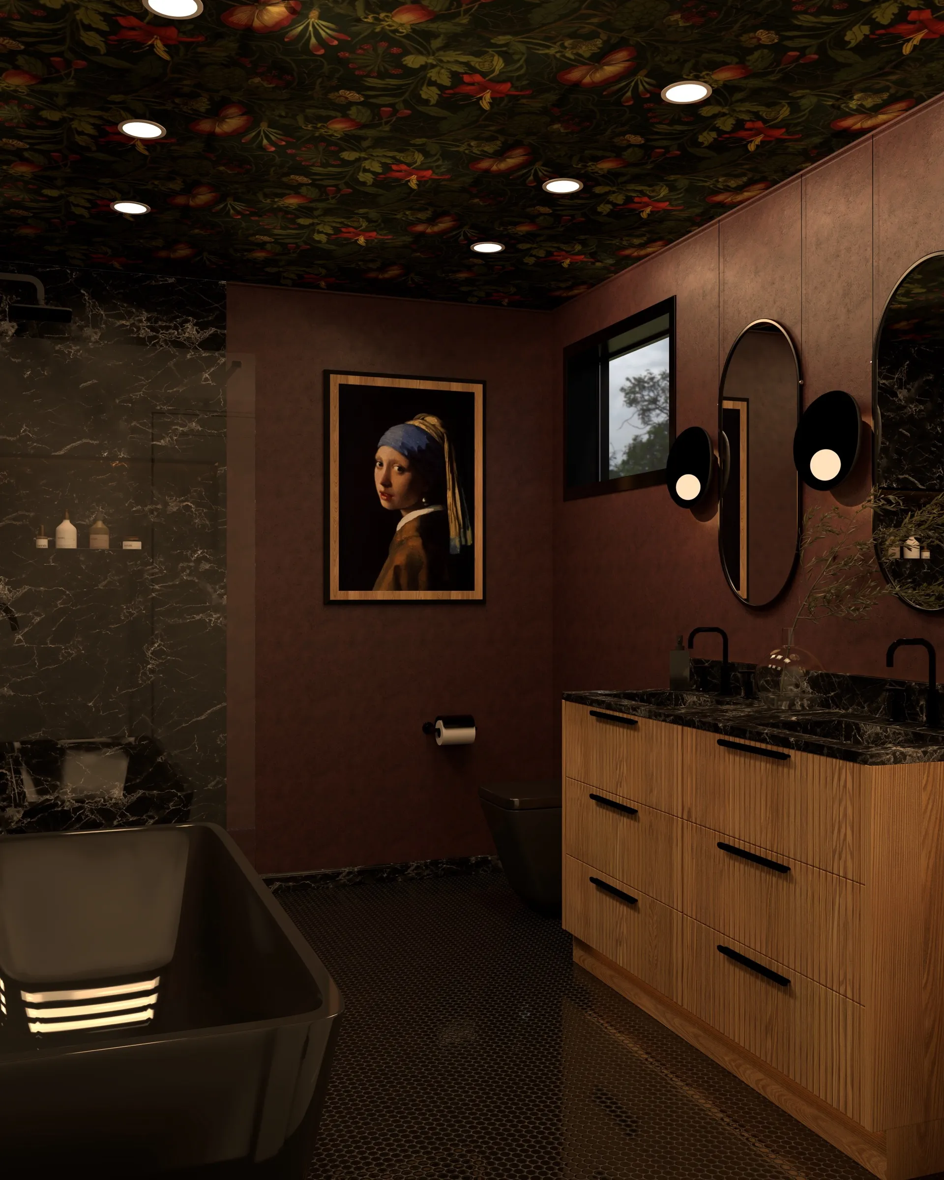 Photorealistic interior rendering of a dramatic red-toned master bathroom