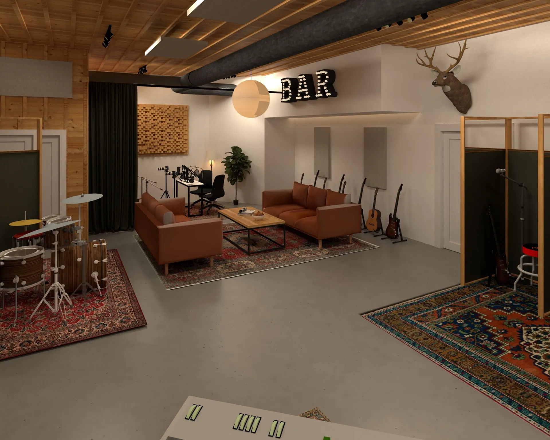 Photorealistic 3D rendering of a commercial recording studio interior